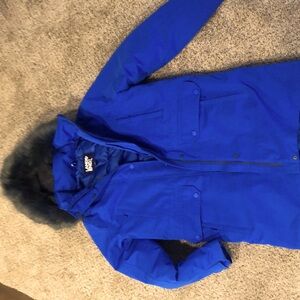 Lands End winter parka, blue many pockets, water resistant material